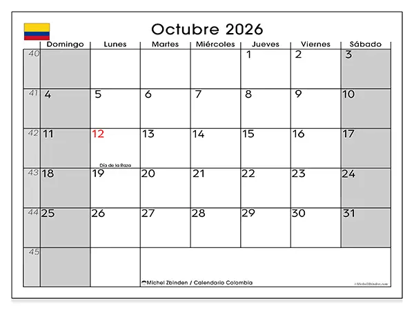Calendario Octubre 2026 — Papiros Papelería